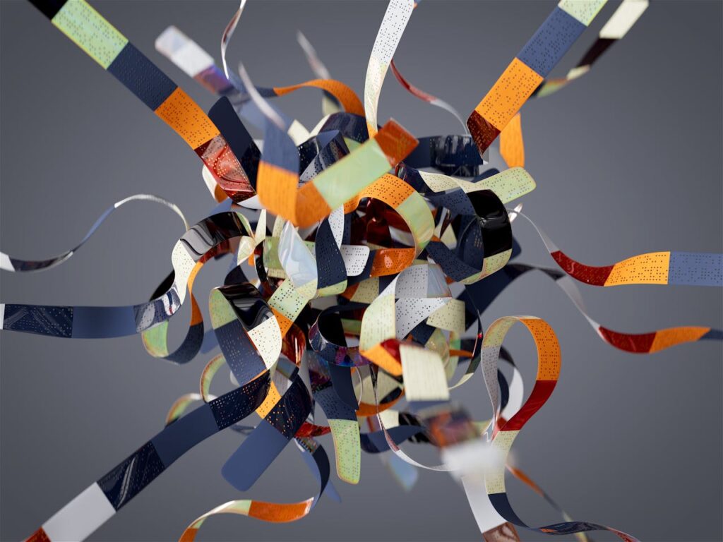 pexels-photo-17497303 Colorful 3D ribbons swirl in a dynamic, abstract digital art composition.