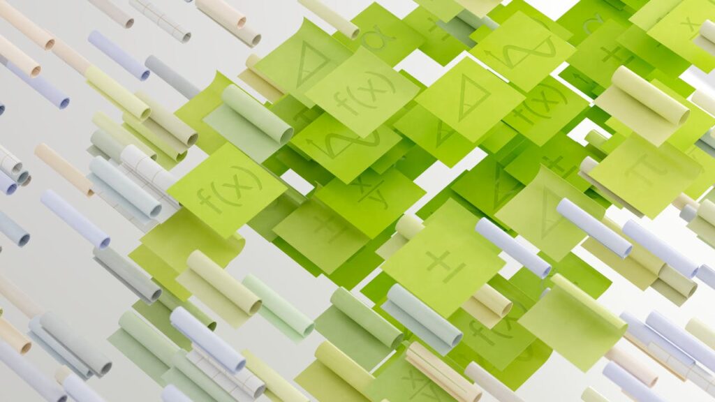 pexels-photo-18069230 Dynamic abstract image with mathematical symbols on floating papers, vibrant and conceptual.